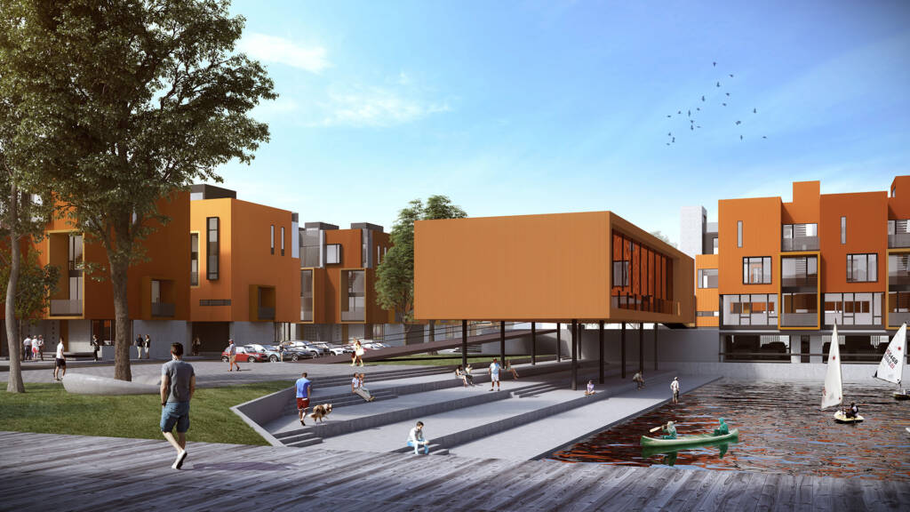 An architectural rendering of the Philadelphia Water Club along the Philadelphia waterfront. The multi-story modern residential buildings feature striking orange facades and large windows. The community is designed with integrated public spaces, including a wide concrete stepped terrace leading to a canal where people are seen rowing and sailing small boats. Residents and visitors are shown enjoying the lush green landscaping and pedestrian walkways under a clear blue sky.